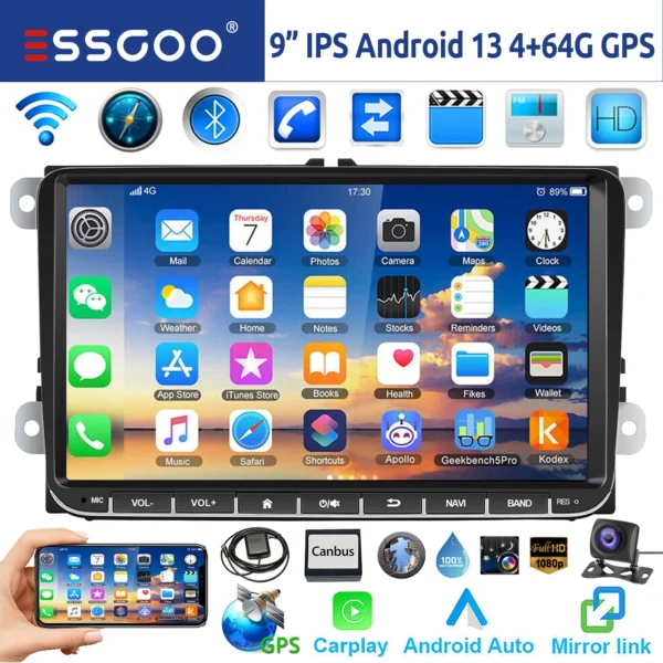 GARNAV 9" Android 14 4G+64G Wireless Carplay Car Stereo GPS NAVI WIFI RDS FM BT EQ for VW Golf 5 6 Passat Polo Touran Tiguan Caddy EOS - Image 12