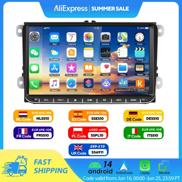GARNAV 9" Android 14 4G+64G Wireless Carplay Car Stereo GPS NAVI WIFI RDS FM BT EQ for VW Golf 5 6 Passat Polo Touran Tiguan Caddy EOS